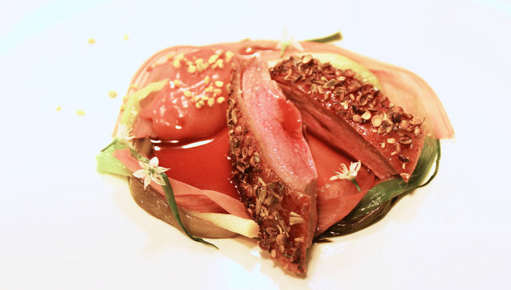 Duck &ndash; Honey and Lavender Glazed with Spring Onion and Rhubarb, and Broth Variations of New Potatoes and Morel Custard with Spring Garlic